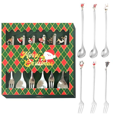 Juego de 6 cubiertos de Navidad, juego de cuchara y tenedor, cucharas de café, té, tenedores de pasteles, juegos de vajilla de Navidad, helado, postre, cucharaditas, rellenos de galletas de Navidad