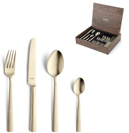 Amefa VENTURA Besteck Set 24-tlg., Edelstahl 18/10, PVD-Beschichtung | Champagner-Gold, Klingenstahl 13/0, Familienessen, Handwäsche empfohlen, mattierte Oberfläche, edles zeitloses Design