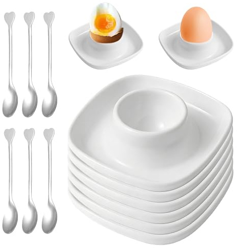 Bqkroa Lot de 6 coquetiers en céramique : blancs, carrés, avec 6 cuillères, en porcelaine, avec plateau, empilables, carrés, pour œufs durs et mous
