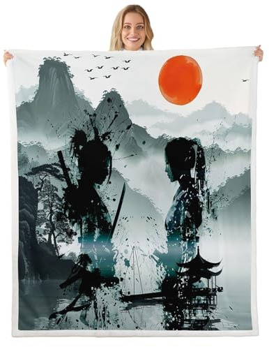 60×50 in Japanese Samurai Sunset Pavilion Bird Sherpa Blanket - Ultra Soft Landscape Throw for Kids Women Men, Bed Sofa Couch Use