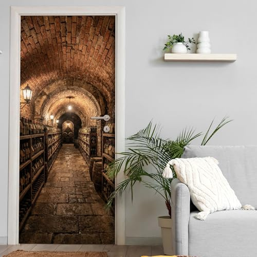Türtapete selbstklebend blasenfrei | 200 x 90 cm Weinkeller Gewölbe Keller | Tür Aufkleber Türfolie | Einteilig | Wasserfest 3D Türaufkleber Klebefolie Türposter Möbelfolie