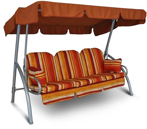 Angerer Freizeitmöbel GmbH Hollywoodschaukel Deluxe - Gartenschaukel Made in Germany - Schaukel zum Sitzen und Entspannen - einfache Montage (Orange-Rot-Gelb gestreift)