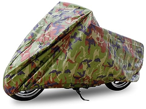 sourcing map Housse de Protection Bâche pour Moto Scooter Couverture Etanche Imperméable en Polyester 190T protège votre moto de la pluie, Rayon UV, poussière, Taille: XXL, Couleur: Camouflage