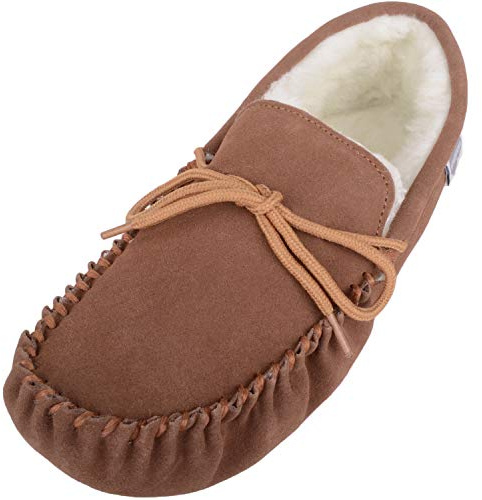 SNUGRUGS Men's Alfie Wool Lined Suede Sole Moccasin Slipper, Light Brown, 10 US