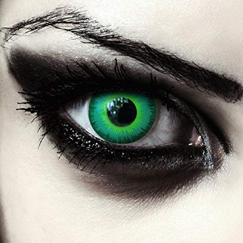 DESIGNLENSES, Lenti a contatto colorate verde intenso per costume di Halloween da elfo, Cappellaio Matto Cosplay Larp, morbide lentes colore + custodia per lenti Green Elfe