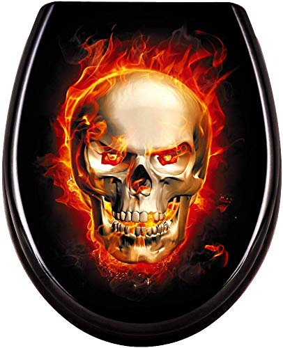 UISEBRT WC Sitz mit Absenkautomatik - WC Klodeckel Toilettensitz mit langsamer Absenkung - Verschiedene Muster zur Auswahl (Schädel Flammen)