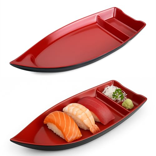 JapanBargain 2-Pack Sushi Boat Serving Plate with Divider, 10 Inch Japanese Sashimi Sushi Plate Dish, Chip and Dip Appetizer Tray for Soy Sauce Wasabi Ginger, Melamine Sushi Serving Dish