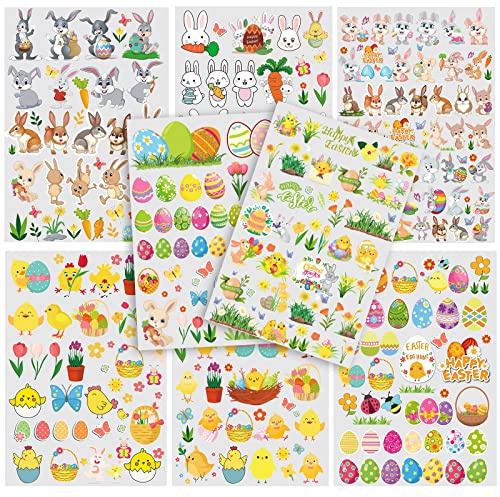 Ostereier Aufkleber, 8 Stück Oster Sticker, Osterhasen Ostereier Küken Blumen für Kinder Osterdeko, Osterdekoration