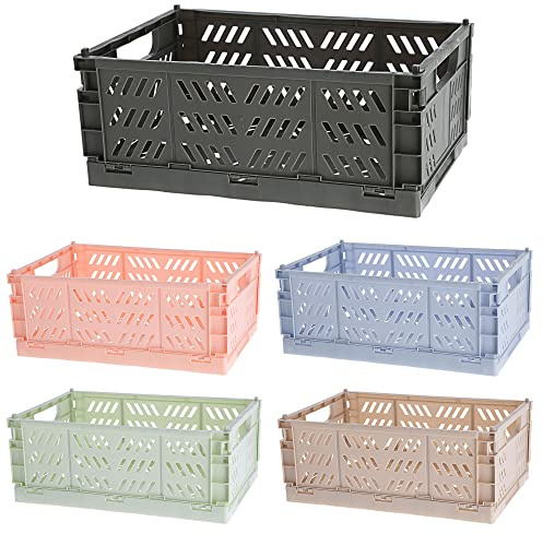 Cepewa Klappboxen 5er Set │ Kunststoff 23x14x35cm schwarz grau blau rosa grün │ Boxen Kiste Trageboxen Klappkiste (1 x 5er Set Klappboxen L)