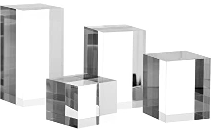 KCGANI Clear Polished Acrylic Cube Cylinder Round Photo Props, Transparent Solid Acrylic Display Blocks for Photography Boutique Jewelry Cosmetic Crafts Closet Show, 4 Pcs (Transparent Cube)