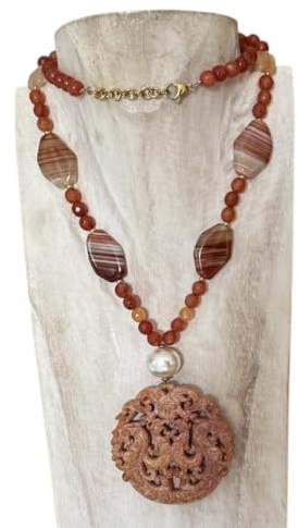 Anhur Collar Jade Camel Naranja Marrón Beige Ámbar con Ágatas Piedras Naturales Perla Colgante Jade Mujer Largo Moda Boho Chic Exclusivo