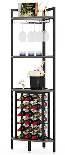 LITTLE TREE Weinregal,4-stöckiges Platzsparendes Freistehendes Eck-Weinregal, Weinregal mit Glashalter, Mehrstöckiges Flaschenregal fürfür Bar, Küche, Esszimme, Braun