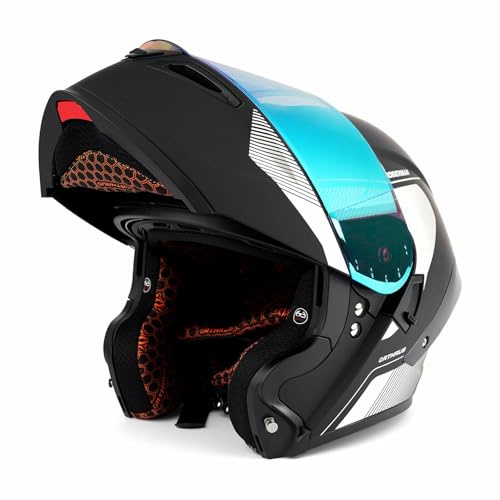 Orthrus Modular LED Full Face Motorcycle Helmet - DOT Approved Flip-Up Dual Visor Sun Shield & Bluetooth Ready for Adults Men Women - Street Bike/Motocross (Dobermann Silver, L)
