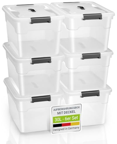 Juskys Boîte de rangement avec couvercle - ensemble de 6 boîtes en plastique de 30 l - grande boîte, empilable, transparente - rangement système de rangement boîtes de rangement