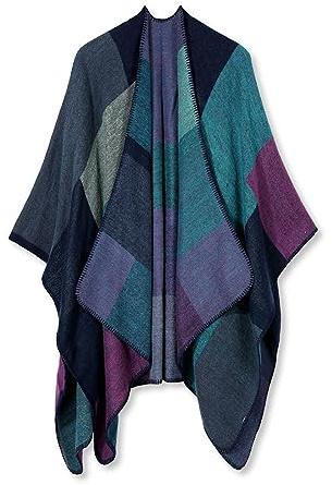 LumiSyne Invernale Scialle in Cashmere Donna Poncho Cape in Maglia Motivo a Quadri Blocchi di Colore Frontale Aperto Mantello Cardigan Coperta Scialle Elegante Maglione Poncho Caldo Pashmina Sciarpa