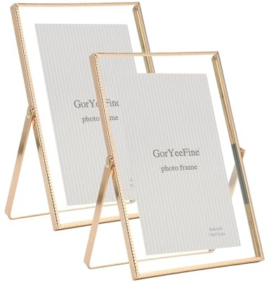 Gold 4x 6'' Floating Frame Set of 2, For Photo Sizes (2x3'', 3.5x 5'' up to 4x6'' ), Beautiful Metal Lace Edge Frames Adjustable Tabletop/Shelf Photo Frame, Classy Gift Choice for Wedding,