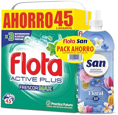 FLOTA | PACK Frescor Max + SAN | Detergente Lavadora en Polvo Frescor Max 45 lavados + Suavizante Ropa Líquido Concentrado 59 Lavados| Ropa Blanca y de Color | Antimanchas y Antiolores