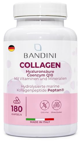 Bandini® Kollagen Typ I Peptan® Hyaluronsäure Komplex 180 Kapseln (60 Tage), Hochdosiertes Meereskollagen Hydrolysat, mit Coenzym Q10, Biotin, Selen, Zink, Vitamin C, D, E, A, B12, Kupfer, Magnesium