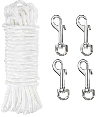 sourcing map 50Ft Flag Pole Rope Kit, Flag Pole Halyards Rope 15/64 Thick with 4 Pcs Zinc Alloy Swivel Flagpoles Clips Hook(Silver), Nylon Flagpole Line Rope White