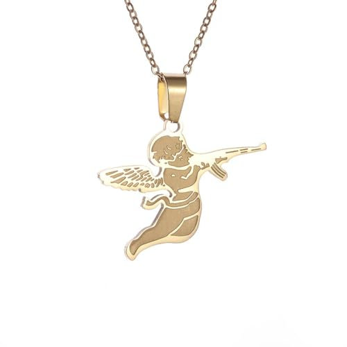 Caiduoduo Exquisite Edelstahl Racheengel Maschinengewehr Anhänger Halskette geeignet für Männer und Frauen Hip-Hoppunk Schmuck