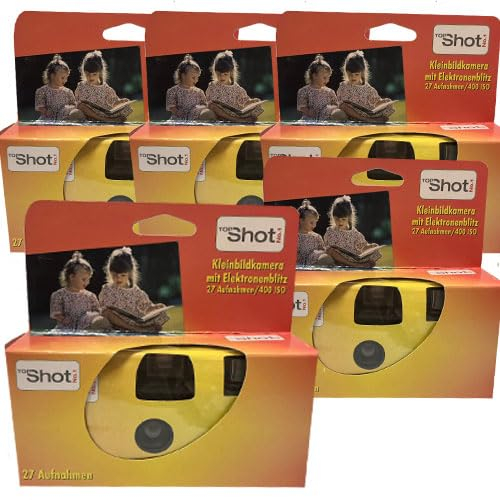 Lot de 5 appareils photo jetables 1A PORST - Pour mariage et fête - Rouge et orange - 27 photos - Avec flash et piles