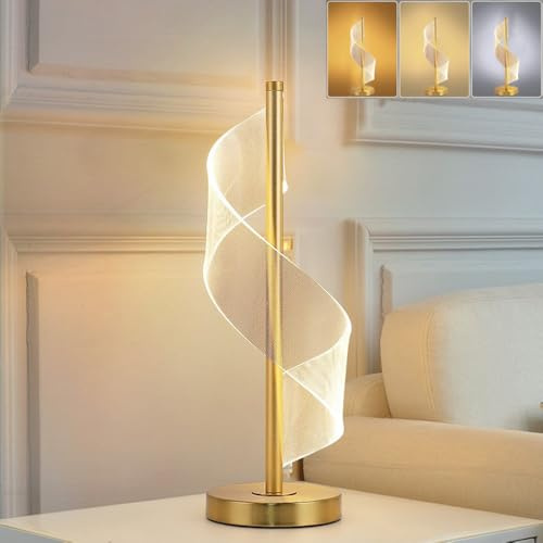 Lampada da comodino a spirale LED, 6W protezione degli occhi, 3000K/4500K/6000K (Caldo/Naturale/Freddo Bianco), lampada da tavolo LED/Illuminazione decorativa per soggiorno camera da letto (Oro)