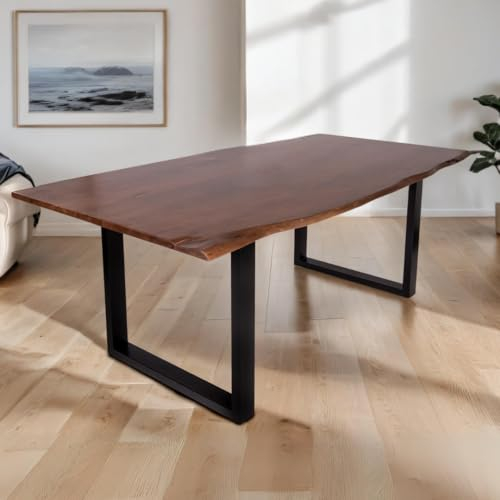 trelevo Esszimmertisch 200x100 cm, Akazienholz massiv 26mm, Tischplatte nussbaumfarben, echte Baumkante, U-Gestell schwarz, Baumkantentisch