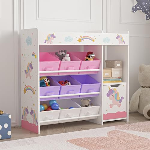 [en.casa] Scaffale per Cameretta con 9 Scatole Pieghevoli Porta Giocattoli Scomparto Chiuso con Anta e Ripiano Mobile Contenitore a Misura di Bimbi - Design Unicorno - Viola/Rosa