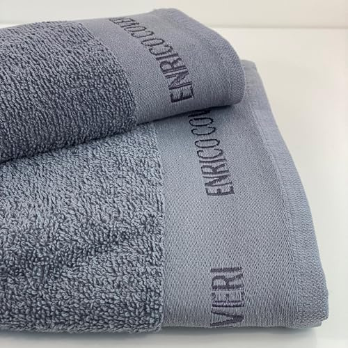 Novia - Set Asciugamani Enrico Coveri 1+1 con Balza Ricamata – Colore Grigio, Taglia Unica