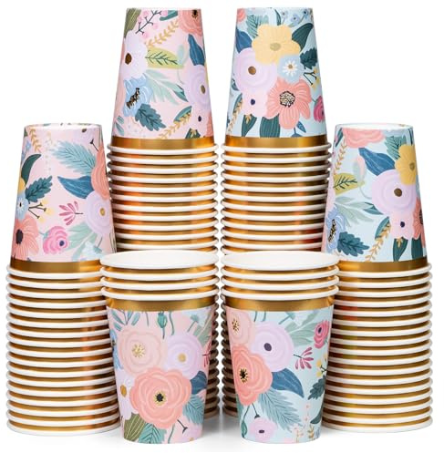 Disposable Paper Coffee Cups, Bulk 100 Pack, 2 Floral Patterns with Gold Foil, Leak-Resistant, 340 ml for Restaurants and Parties
