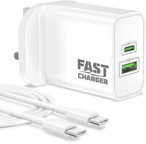 45W 2-Port USB C Fast Charger Plug Cable for Google Pixel 11 10 Pro XL 9 8 | USBC Plug UK Charging Block, PD-45W QC-30W, Wall Power Adapter for iPhone 17 16 15, 2M Type C Cable Samsung Galaxy S26 S25