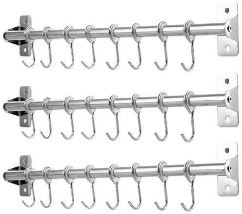 YAYODS Stainless Steel Wall-Mounted Hanging Rail, Silver, 40cm, 3PCS | Utensil Rack, 8 Sliding Hooks per Rail, Space-Saving Storage, Kitchen & Bathroom Organisation