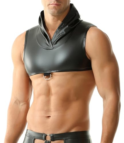 Mens Faux Leather Hooded Vest Crop Tops Sleeveless Muscle Fitness Half Tank Tops Clubwear