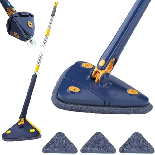 Upattend - Trapeador triangular giratorio de 360° ajustable, mopas giratorias con mango largo extensible, escurrido automático para paredes, techos y esquinas (azul)