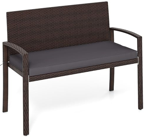 COSTWAY Polyrattan trädgårdsbänk med sittkudde, balkongbänk, väderbeständig, 2-sitsig rottingsittbänk som kan belastas upp till 360 kg, terrassbänk för trädgård, balkong och terrass, 110 x 56 x 84 cm