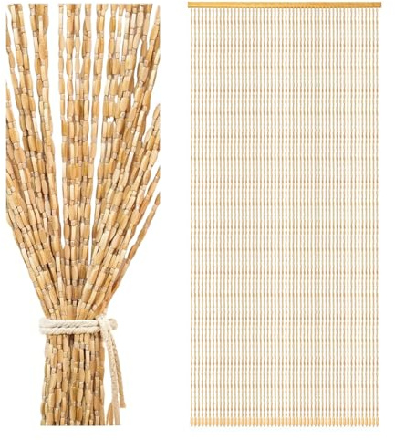 Btstil 90 x 200cm Perlenvorhang Türvorhang, 52 Stränge Beige Boho Türvorhang Bambus, Hängender Retro Holzperlenvorhang für Türen als Dekoration, Raumteiler, Insektenschutz (Beige #1)