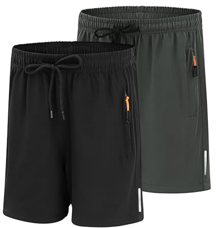 LACOFIA 2 Pack Boys Shorts Summer Quick Dry Lightweight Athletic Kids School Shorts with Zipper Pockets Elastic Waist 6~14 Years