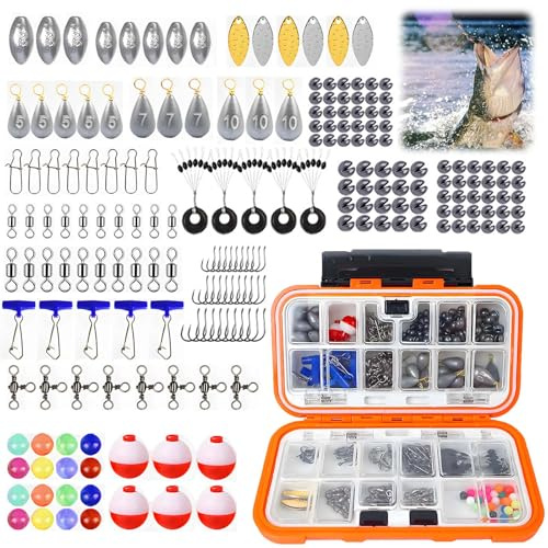 Fishing Tackle Box with Tackle Included Fishing Hooks Fishing Weights Sinkers Fishing Bead Barrel Swivel Snap Fishing Gear Kit for Freshwater and Saltwater Fishing Tackle Box Kit for Bass Trout 254Pcs