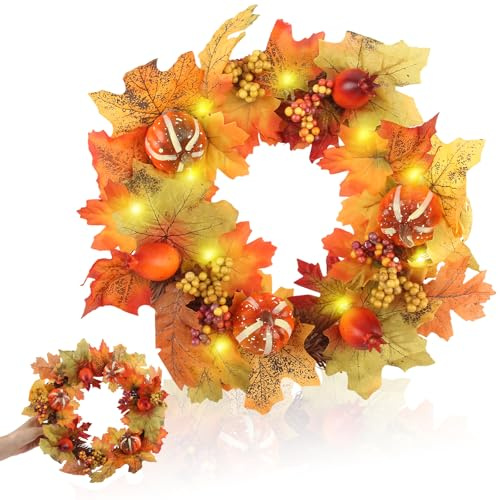 RobLuX Corona Otoño Puerta Decoracion Otoño Autumn Wreath con Calabaza Hoja de Arce Bayas Artificiales Decoraciones para el Hogar de Navidad y Acción de Gracias