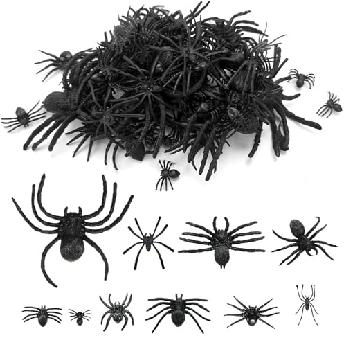 Affivia 10 Größen Plastik Spinnen Halloween Deko 2-9cm, 80 Stück Spinne Deko,Plastikspinne Klein+Groß,Grusel Plastikspinnen Halloween Streudeko Tischdeko,Scherzartikel Fake Spinnen für Helloween Party