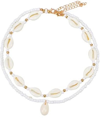 NICENEEDED Collier Coquillage pour Femmes Collier Ras de Cou Coquillage Ajustable Été Colliers Pendentifs Bohèmes à Plusieurs Rangs de Perles