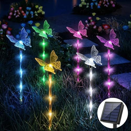 Juego de 6 luces solares de mariposa para jardín, impermeables, para exteriores, cambio de color, adornos solares de graduación para patio, Halloween, Navidad, regalos únicos de jardinería