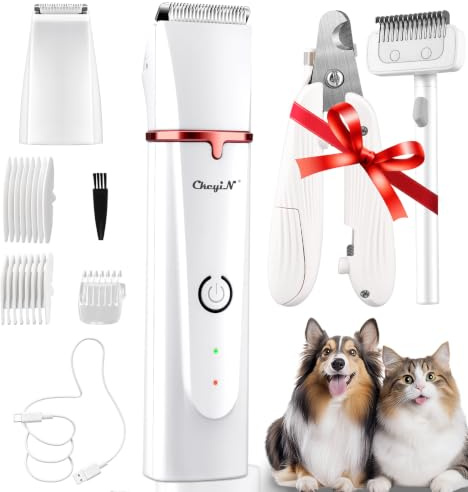 Dog Clippers for Grooming, Low Noise Dog Grooming Kit with Paw Trimmer for Matted Fur,Cordless Rechargeable Pet Clippers with LED Nail Clippers & Dematting Comb for Dogs Cats and Animals, White