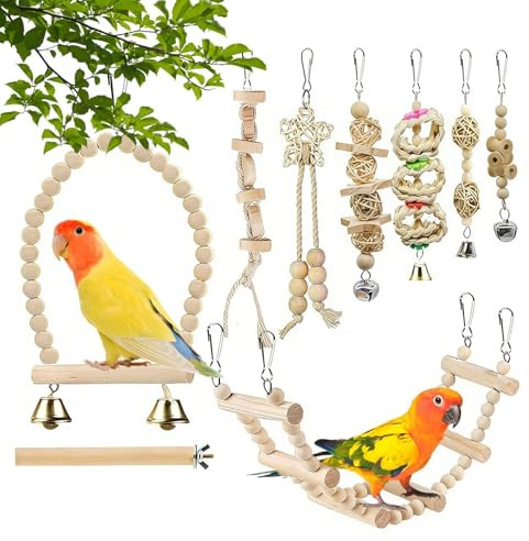 Juguetes para Pájaros, con y Escalera de Madera, Juegos para Cacatúas y Accesorios para Aves, Para enriquecimiento anti-aburrimiento, trepa, jaulas de interior, periquitos, ninfas, inseparables, pinzo