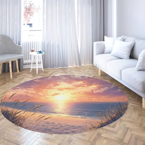 TOANGWALL Tappeto circolare Sunset 120cm Tappeti tondi con canna da spiaggia con grafica antiscivolo lavabile e resistente alle macchie per il soggiorno la camera da letto il tappetino per il balcone