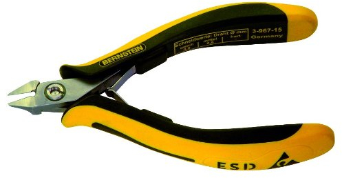Bernstein Werkzeug Seitenschneider Technicline mit schmalem spitzem und ausgespartem Zangenkopf, Wate, ableitfähige zweifarbige Handschutzhüllen, 120 mm, 3-967-15