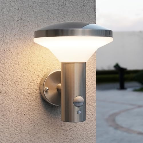 9W LED Außenlampe mit Bewegungsmelder,4 Modi Wandleuchte Aussen,Silber | mit Dämmerungssensor,SUS316 Edelstahl,IP54 Wasserdicht,Außenwandleuchte für Garten Garage Terrasse,3000K Warmweiß 1000LM