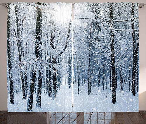 ABAKUHAUS Winter Rustikaler Gardine, Schnee bedeckte Wald, Schlafzimmer Kräuselband Vorhang mit Schlaufen und Haken, 280 x 175 cm, Blaugrau Weiß Schwarz