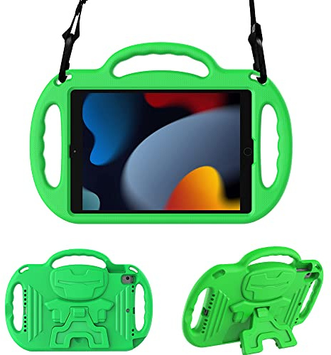 Surom Case for iPad 9th 8th 7th Gen 2021/2020/2019 10.2 Inch, Green | Light Weight Shock Proof Kids Tablet Case, Adjustable Shoulder Strap, Protable Handle, Sturdy Stand, iPad Air 3 10.5 2019