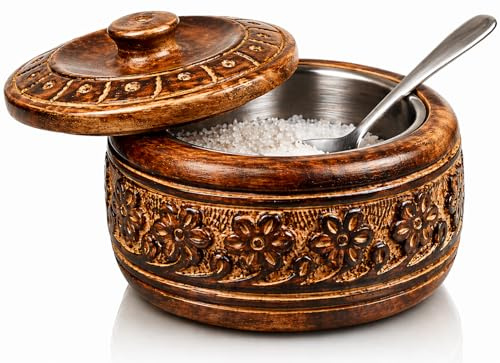 Dekorative rustikale hölzerne Zuckerdose & Löffel mit Deckel, breite Öffnung, Süßigkeitenbehälter, Gewürzbehälter, Gewürzbehälter, Nüsse, Servierschale, Topf, Salz, Gewürze, Kräuter, lose Blätter, Tee